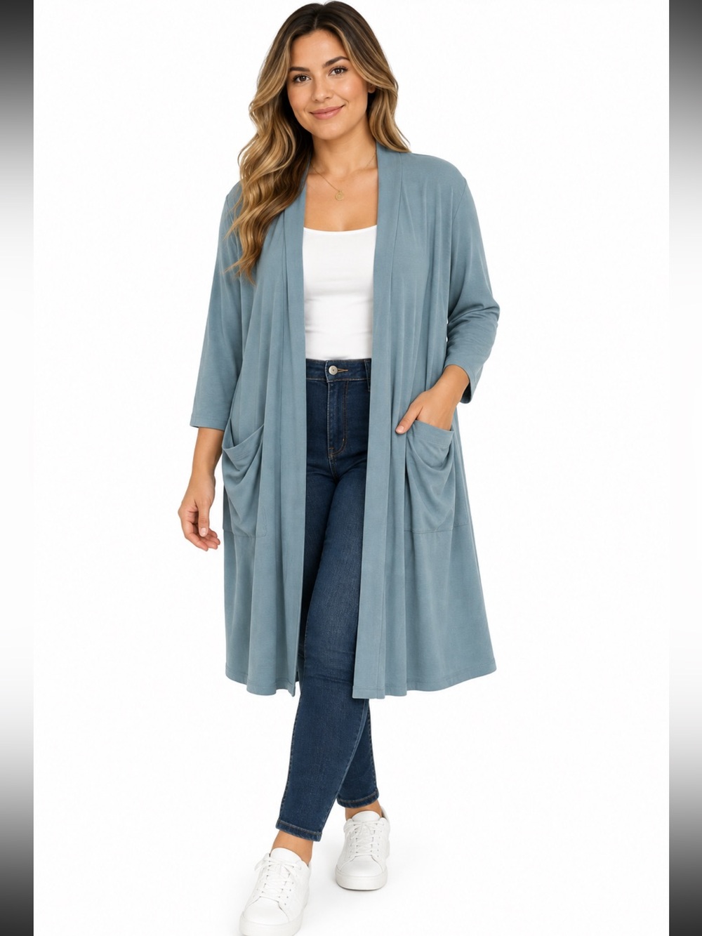Zenana Premium XL Dusty Blue Longline Duster Cardigan Open Front Pockets Coastal